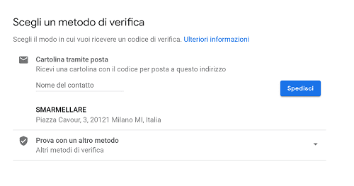 scegli metodo verifica google my business