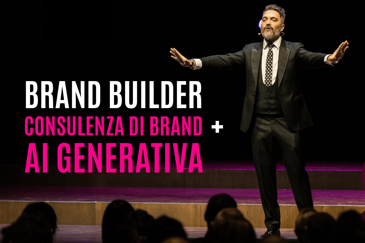 Salvatore Russo, Brand Builder, sul palco mentre presenta i protocolli di Consulenza di Brand Positioning integrati con l'AI Generativa.